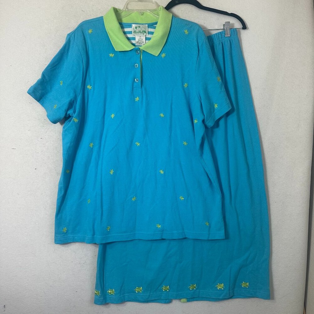 Quacker Factory Shirt Skirt Set 2pc sz 1X embroidered sea turtles blue green